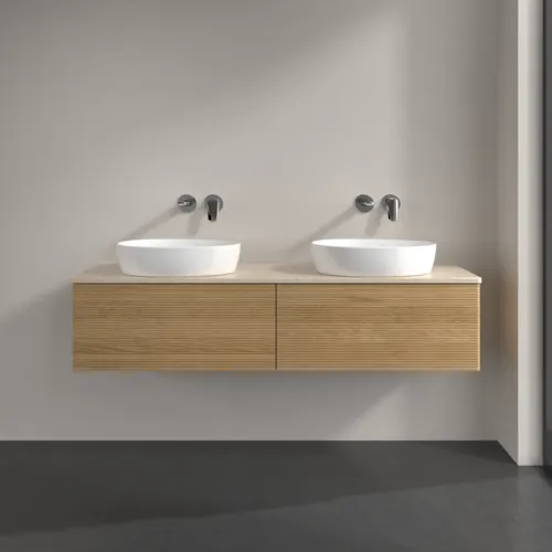 Bild von VILLEROY BOCH Antao Waschbeckenunterschrank, mit Beleuchtung, 2 Auszüge, 1600 x 360 x 500 mm, Front mit Struktur, Honey Oak / Botticino #L39113HN