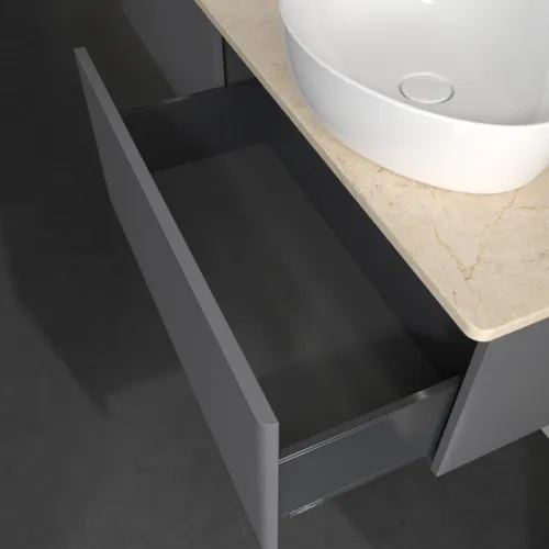 Bild von VILLEROY BOCH Antao Waschbeckenunterschrank, mit Beleuchtung, 2 Auszüge, 1600 x 360 x 500 mm, Front mit Struktur, Anthracite Matt Lacquer / Botticino #L39113GK