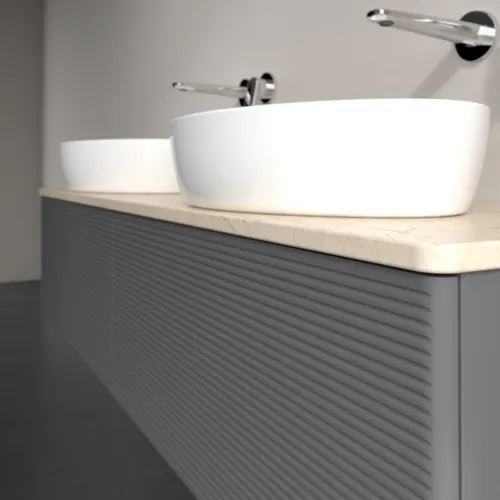 Bild von VILLEROY BOCH Antao Waschbeckenunterschrank, mit Beleuchtung, 2 Auszüge, 1600 x 360 x 500 mm, Front mit Struktur, Anthracite Matt Lacquer / Botticino #L39113GK