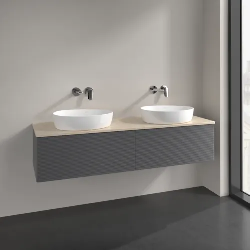 Bild von VILLEROY BOCH Antao Waschbeckenunterschrank, mit Beleuchtung, 2 Auszüge, 1600 x 360 x 500 mm, Front mit Struktur, Anthracite Matt Lacquer / Botticino #L39113GK