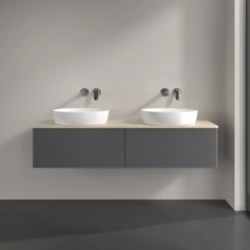 Bild von VILLEROY BOCH Antao Waschbeckenunterschrank, mit Beleuchtung, 2 Auszüge, 1600 x 360 x 500 mm, Front mit Struktur, Anthracite Matt Lacquer / Botticino #L39113GK