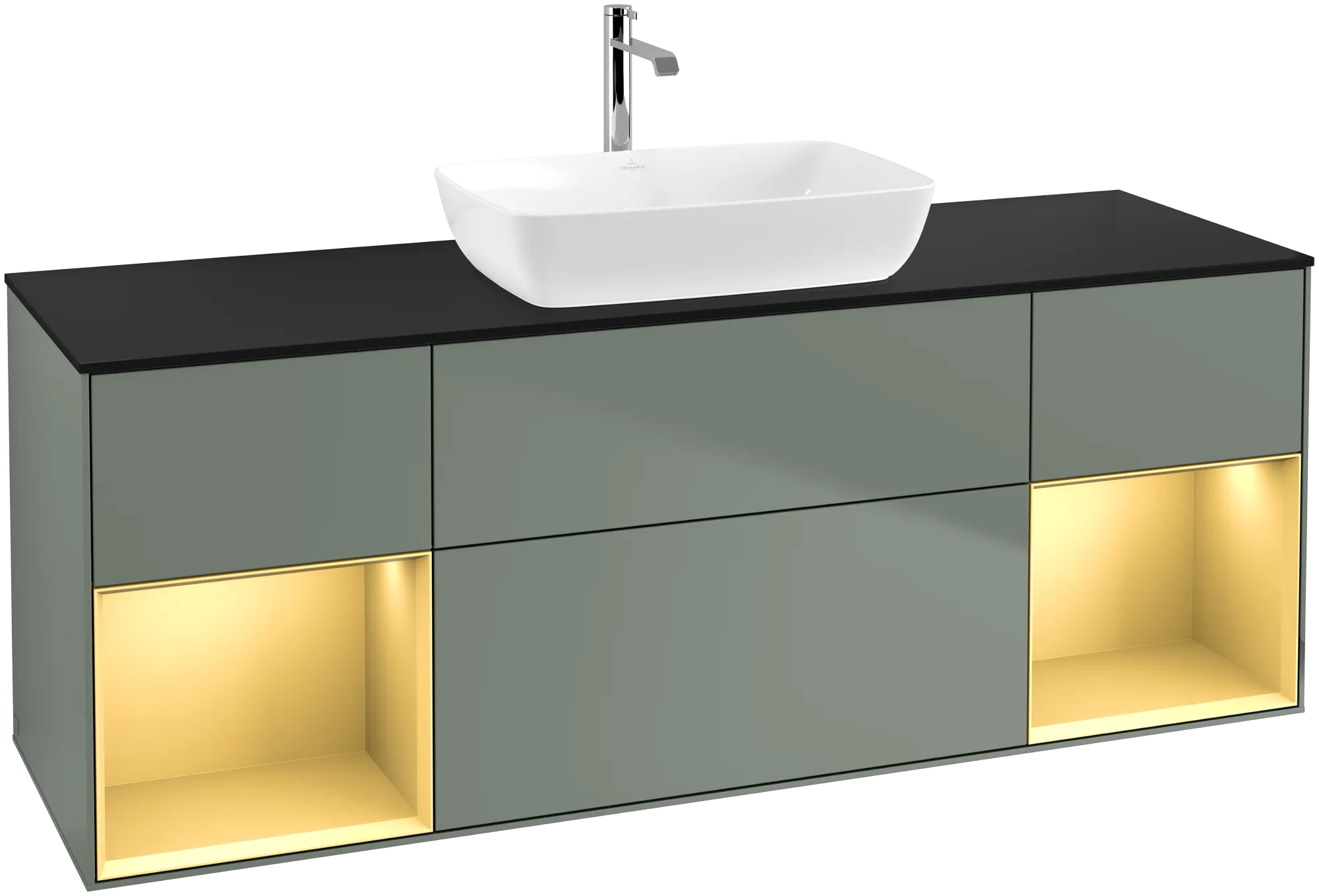 VILLEROY BOCH Finion Vanity unit, with lighting, 4 pull-out compartments, 1600 x 603 x 501 mm, Olive Matt Lacquer / Gold Matt Lacquer / Glass Black Matt #G862HFGM resmi
