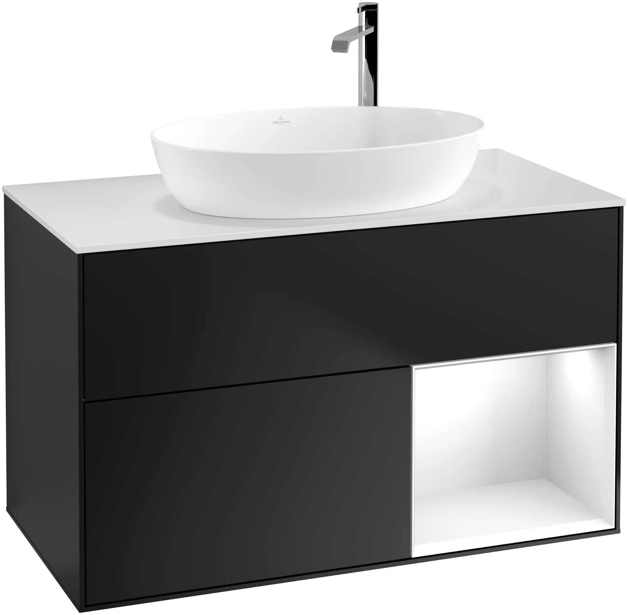 Picture of VILLEROY BOCH Finion Vanity unit, with lighting, 2 pull-out compartments, 1000 x 603 x 501 mm, Black Matt Lacquer / Glossy White Lacquer / Glass White Matt #G901GFPD