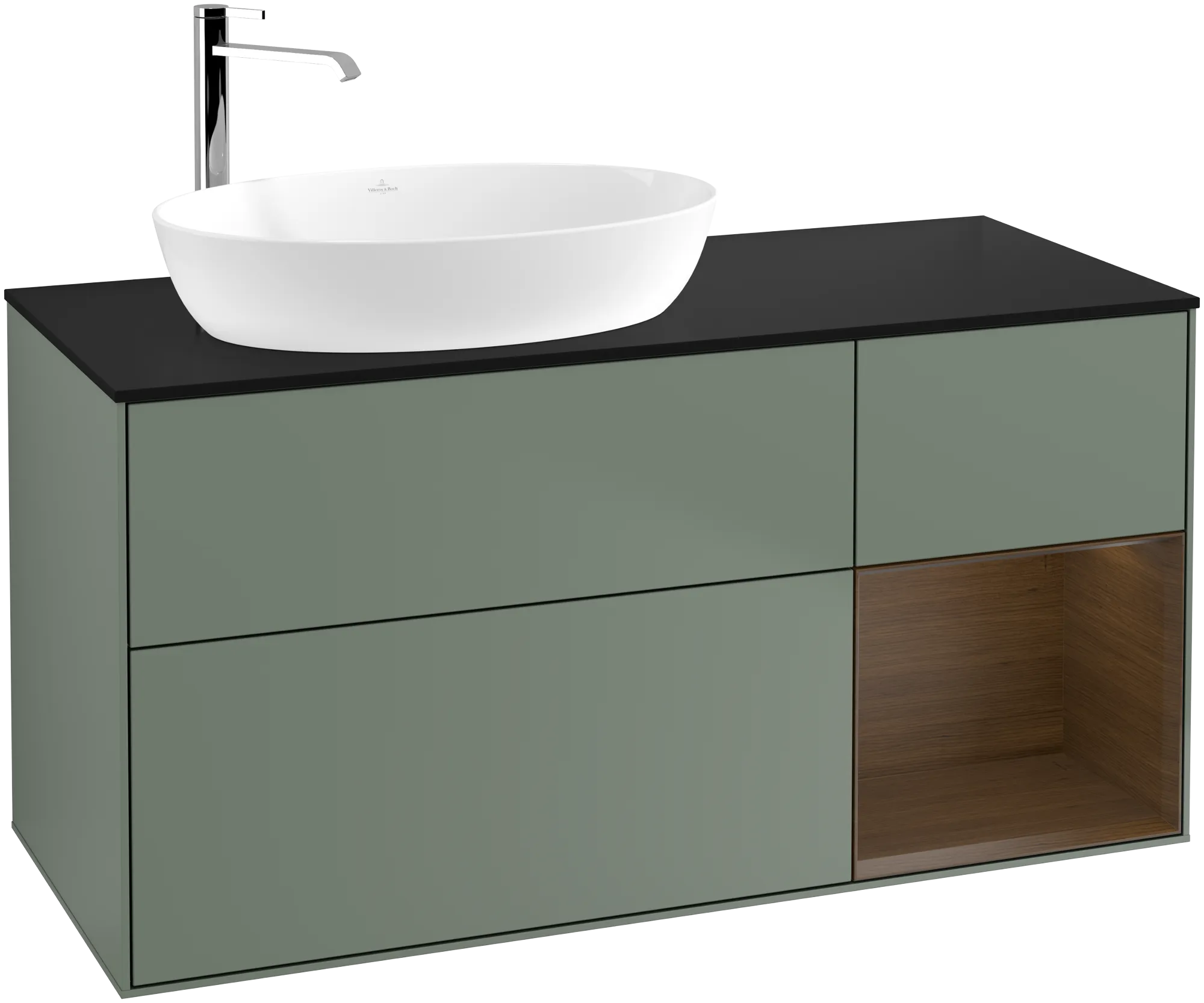 Picture of VILLEROY BOCH Finion Vanity unit, with lighting, 3 pull-out compartments, 1200 x 603 x 501 mm, Olive Matt Lacquer / Walnut Veneer / Glass Black Matt #G932GNGM