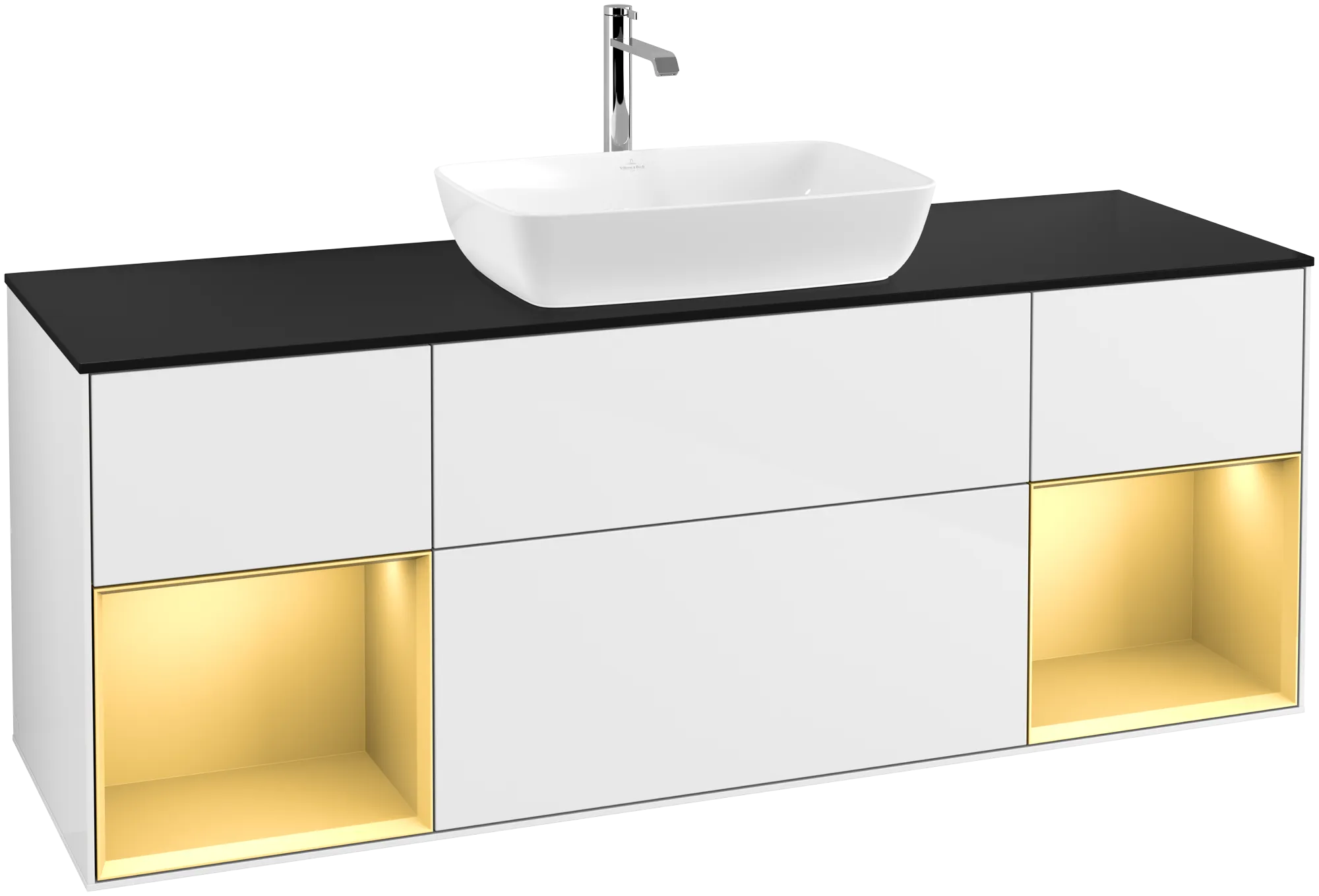 VILLEROY BOCH Finion Vanity unit, with lighting, 4 pull-out compartments, 1600 x 603 x 501 mm, Glossy White Lacquer / Gold Matt Lacquer / Glass Black Matt #G862HFGF resmi