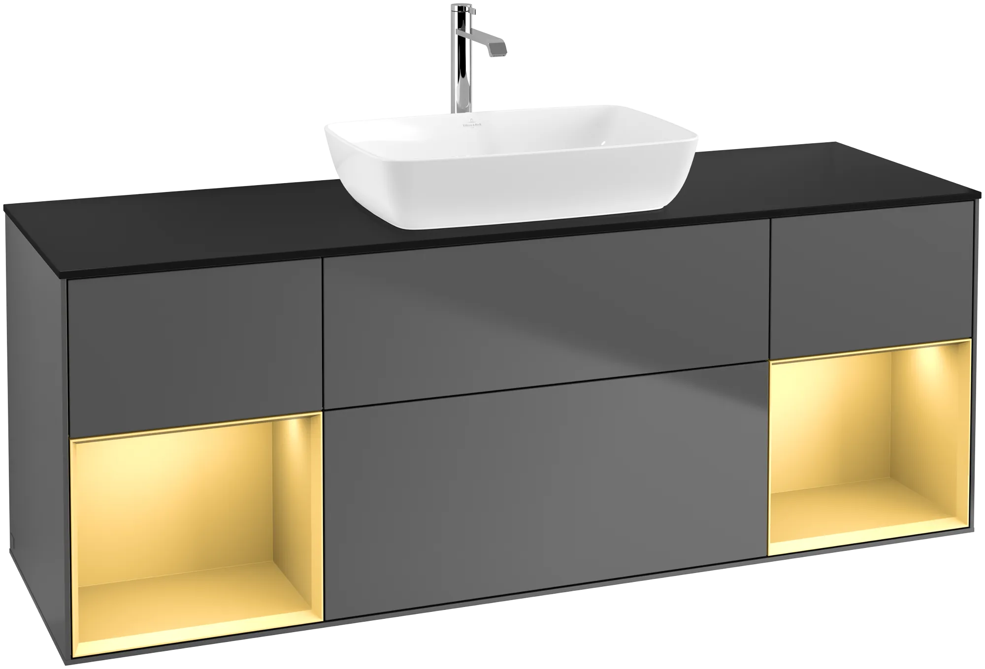 VILLEROY BOCH Finion Vanity unit, with lighting, 4 pull-out compartments, 1600 x 603 x 501 mm, Anthracite Matt Lacquer / Gold Matt Lacquer / Glass Black Matt #G862HFGK resmi