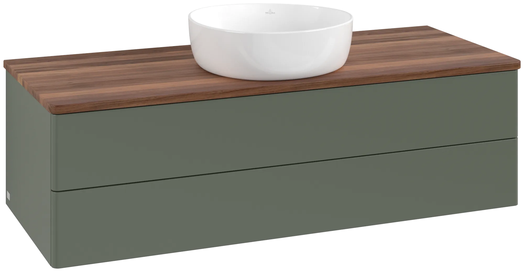 Picture of VILLEROY BOCH Antao Vanity unit, 2 pull-out compartments, 1200 x 360 x 500 mm, Front without structure, Leaf Green Matt Lacquer / Warm Walnut #K21012HL