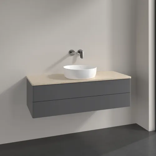 Bild von VILLEROY BOCH Antao Waschbeckenunterschrank, 2 Auszüge, 1200 x 360 x 500 mm, Front ohne Struktur, Anthracite Matt Lacquer / Botticino #K21013GK