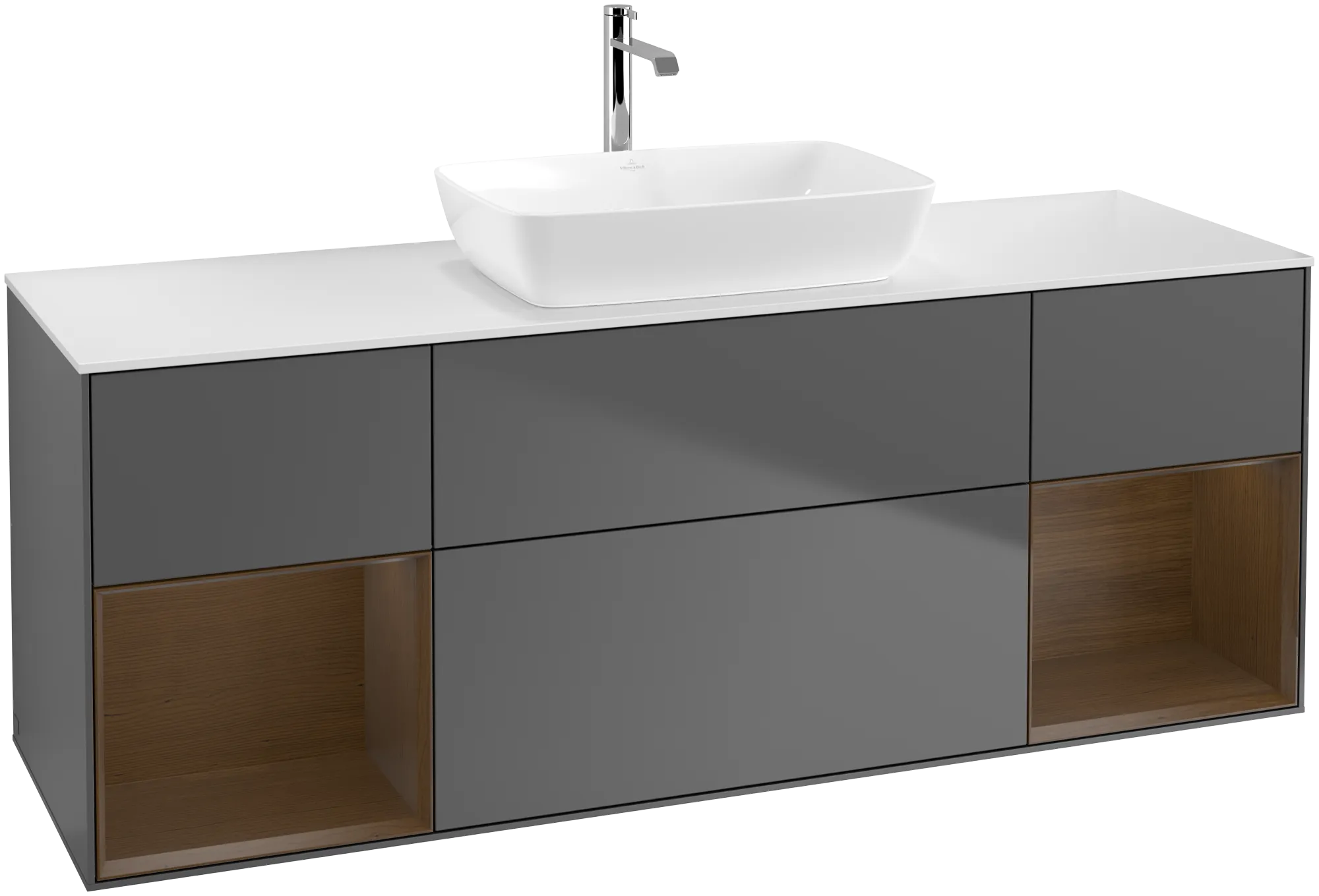 Picture of VILLEROY BOCH Finion Vanity unit, with lighting, 4 pull-out compartments, 1600 x 603 x 501 mm, Anthracite Matt Lacquer / Walnut Veneer / Glass White Matt #G861GNGK