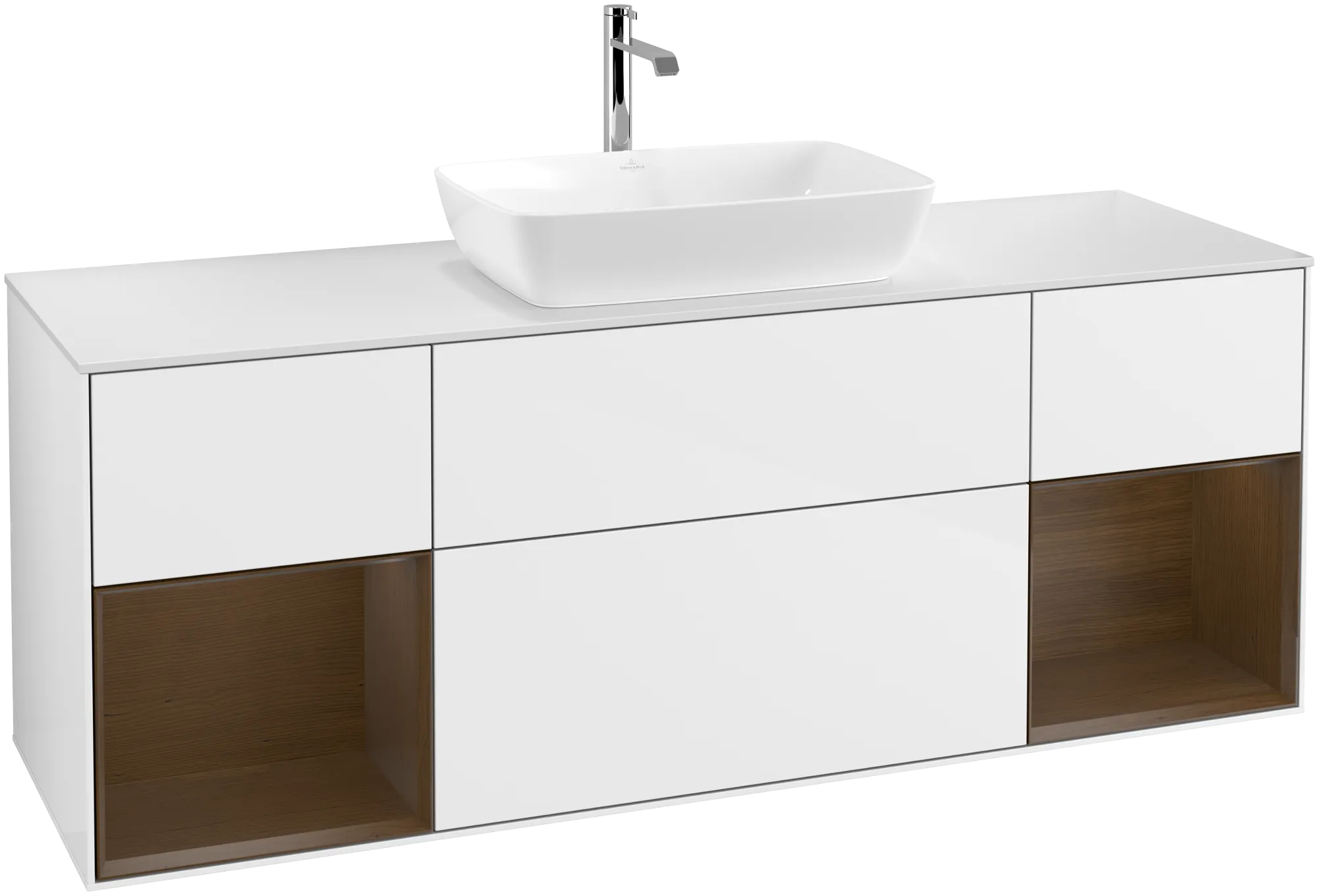 VILLEROY BOCH Finion Vanity unit, with lighting, 4 pull-out compartments, 1600 x 603 x 501 mm, Glossy White Lacquer / Walnut Veneer / Glass White Matt #G861GNGF resmi