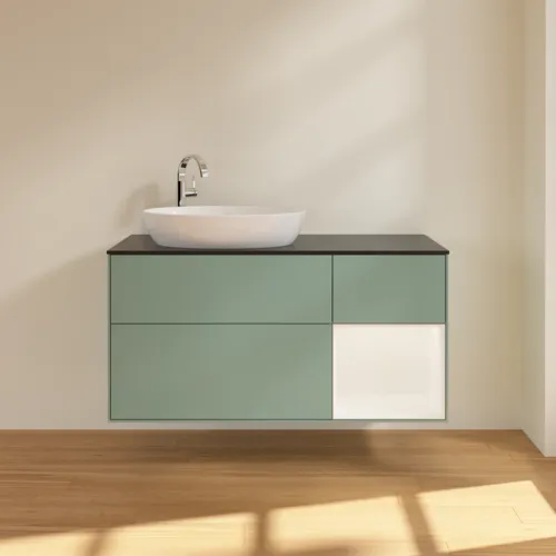 VILLEROY BOCH Finion Waschbeckenunterschrank, mit Beleuchtung, 3 Auszüge, 1200 x 603 x 501 mm, Olive Matt Lacquer / White Matt Lacquer / Glass Black Matt #G932MTGM, Bild 3