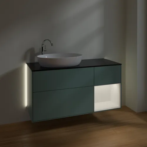 VILLEROY BOCH Finion Waschbeckenunterschrank, mit Beleuchtung, 3 Auszüge, 1200 x 603 x 501 mm, Olive Matt Lacquer / White Matt Lacquer / Glass Black Matt #G932MTGM, Bild 5