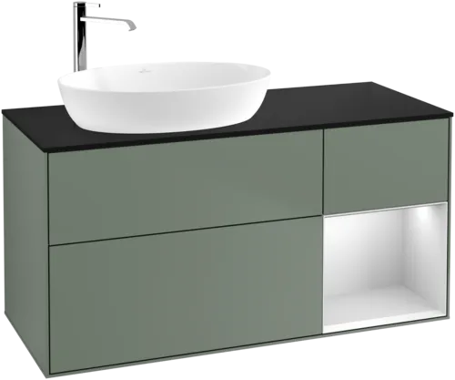 Picture of VILLEROY BOCH Finion Vanity unit, with lighting, 3 pull-out compartments, 1200 x 603 x 501 mm, Olive Matt Lacquer / White Matt Lacquer / Glass Black Matt #G932MTGM