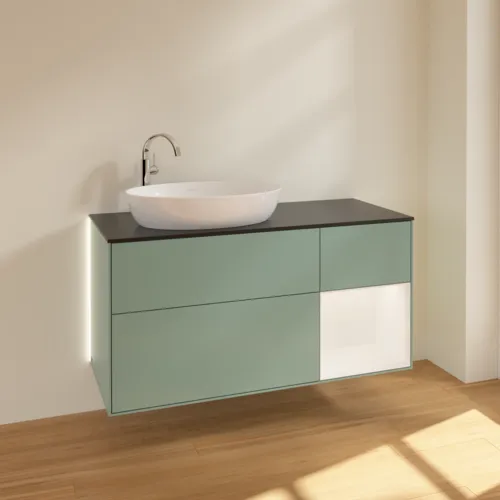 VILLEROY BOCH Finion Waschbeckenunterschrank, mit Beleuchtung, 3 Auszüge, 1200 x 603 x 501 mm, Olive Matt Lacquer / White Matt Lacquer / Glass Black Matt #G932MTGM, Bild 2