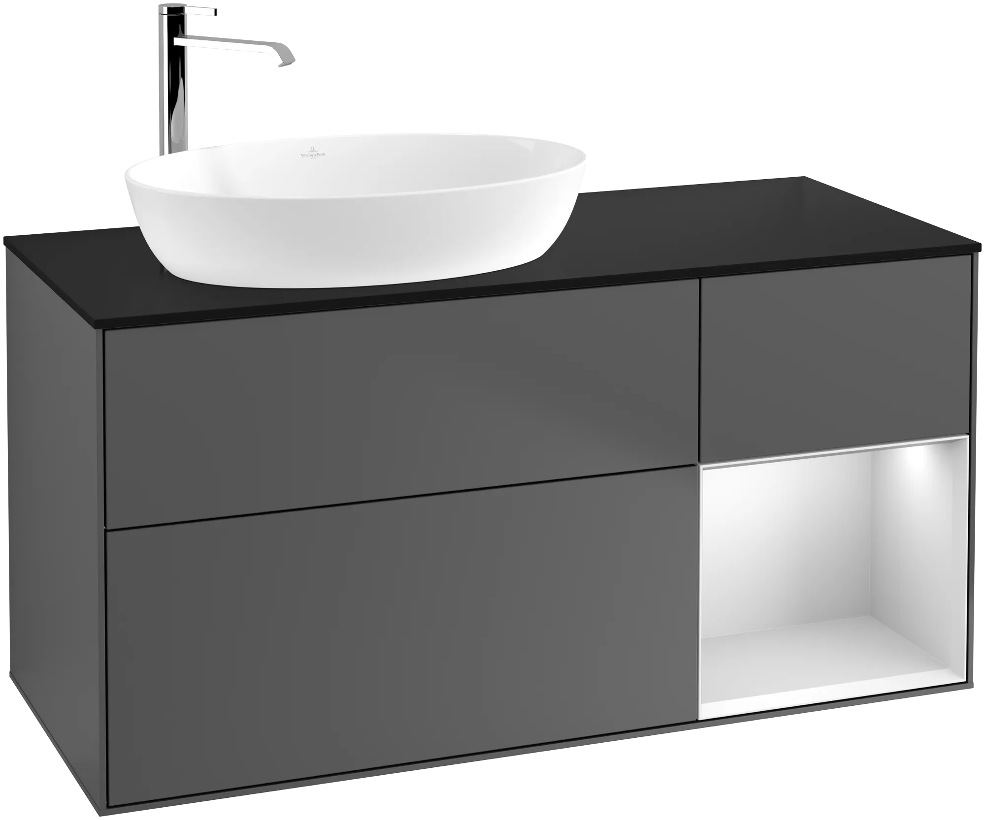 Picture of VILLEROY BOCH Finion Vanity unit, with lighting, 3 pull-out compartments, 1200 x 603 x 501 mm, Anthracite Matt Lacquer / White Matt Lacquer / Glass Black Matt #G932MTGK