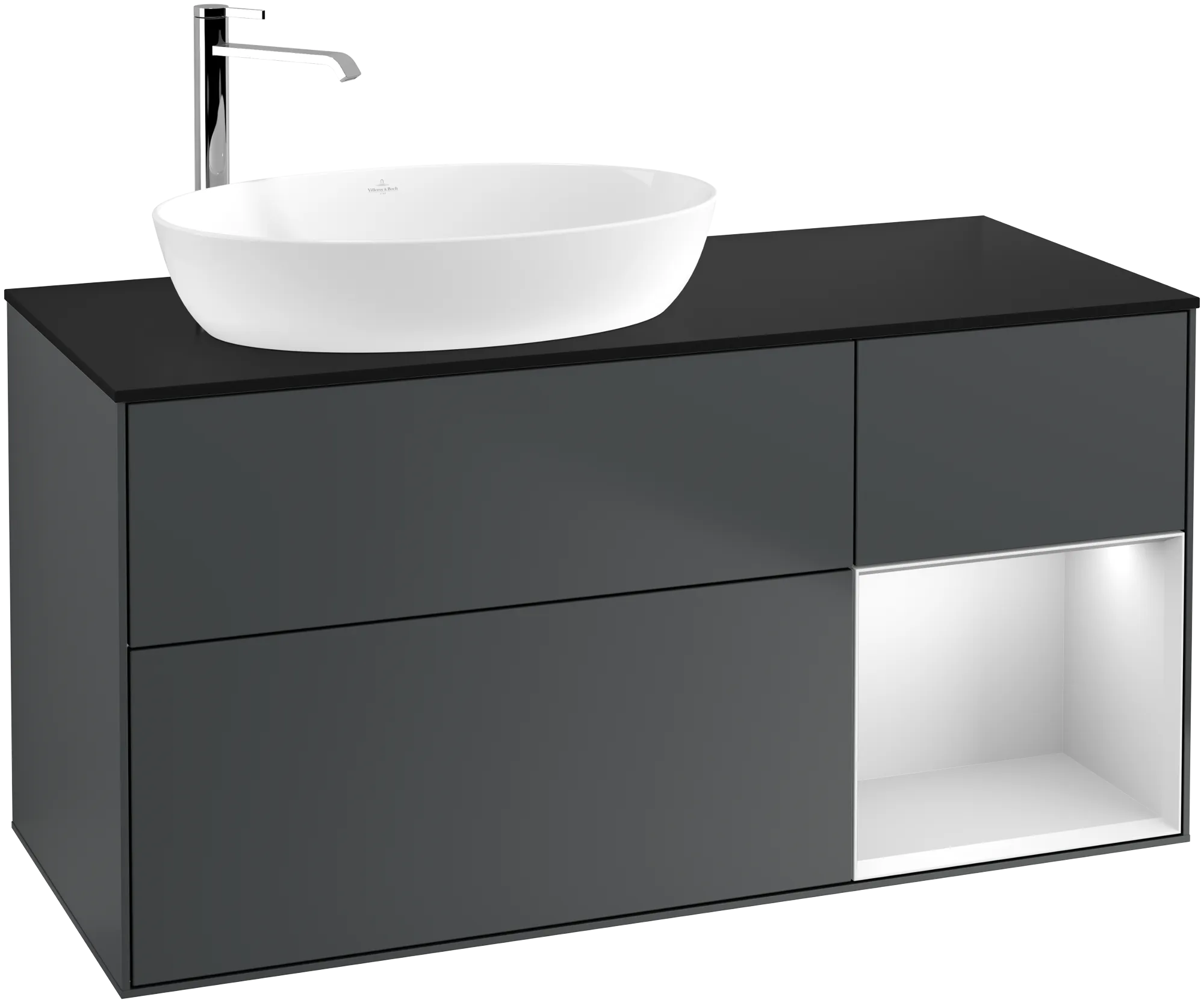 Picture of VILLEROY BOCH Finion Vanity unit, with lighting, 3 pull-out compartments, 1200 x 603 x 501 mm, Midnight Blue Matt Lacquer / White Matt Lacquer / Glass Black Matt #G932MTHG