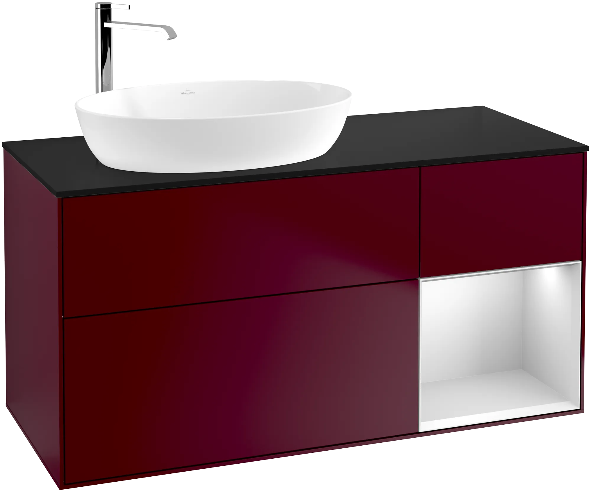 Picture of VILLEROY BOCH Finion Vanity unit, with lighting, 3 pull-out compartments, 1200 x 603 x 501 mm, Peony Matt Lacquer / White Matt Lacquer / Glass Black Matt #G932MTHB