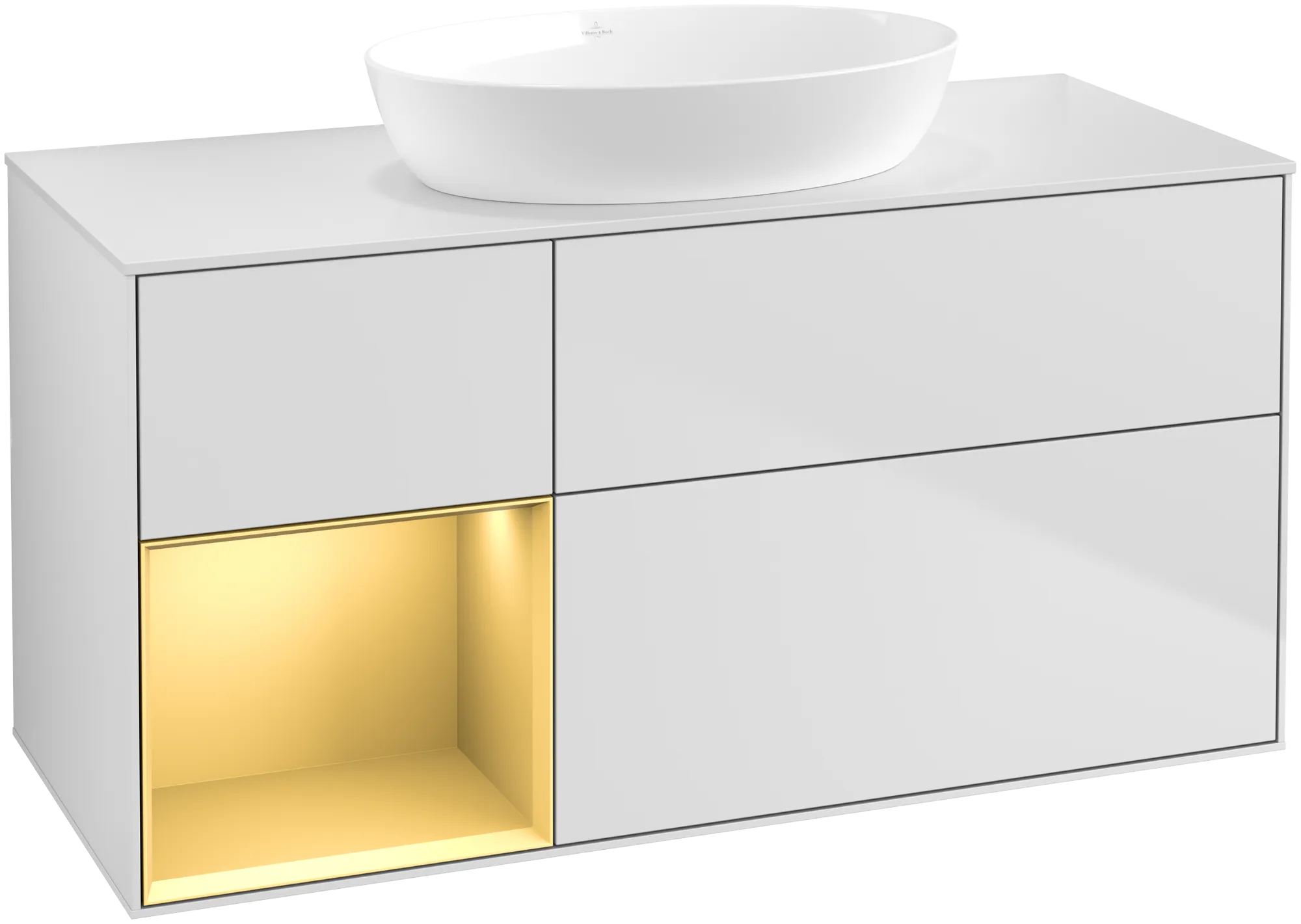 Зображення з  VILLEROY BOCH Finion Vanity unit, with lighting, 3 pull-out compartments, 1200 x 603 x 501 mm, White Matt Lacquer / Gold Matt Lacquer / Glass White Matt #GA61HFMT