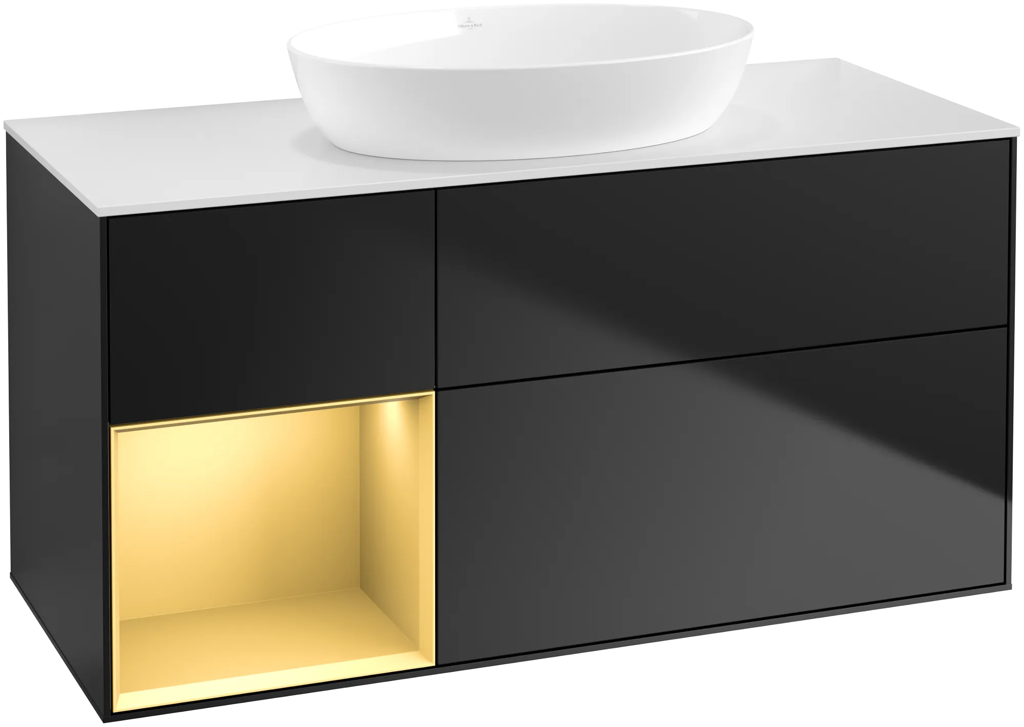 Зображення з  VILLEROY BOCH Finion Vanity unit, with lighting, 3 pull-out compartments, 1200 x 603 x 501 mm, Black Matt Lacquer / Gold Matt Lacquer / Glass White Matt #GA61HFPD