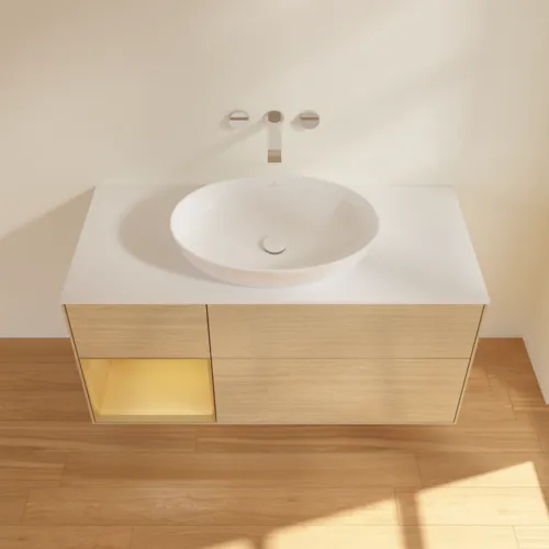VILLEROY BOCH Finion Waschbeckenunterschrank, mit Beleuchtung, 3 Auszüge, 1200 x 603 x 501 mm, Oak Veneer / Gold Matt Lacquer / Glass White Matt #GA61HFPC, Bild 4