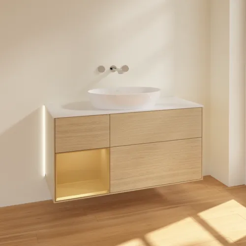 VILLEROY BOCH Finion Waschbeckenunterschrank, mit Beleuchtung, 3 Auszüge, 1200 x 603 x 501 mm, Oak Veneer / Gold Matt Lacquer / Glass White Matt #GA61HFPC, Bild 2