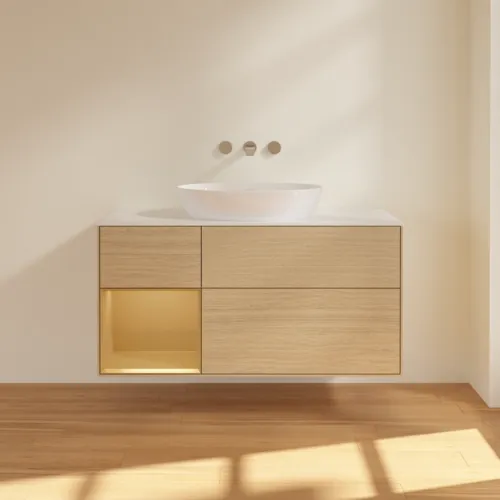 VILLEROY BOCH Finion Waschbeckenunterschrank, mit Beleuchtung, 3 Auszüge, 1200 x 603 x 501 mm, Oak Veneer / Gold Matt Lacquer / Glass White Matt #GA61HFPC, Bild 3