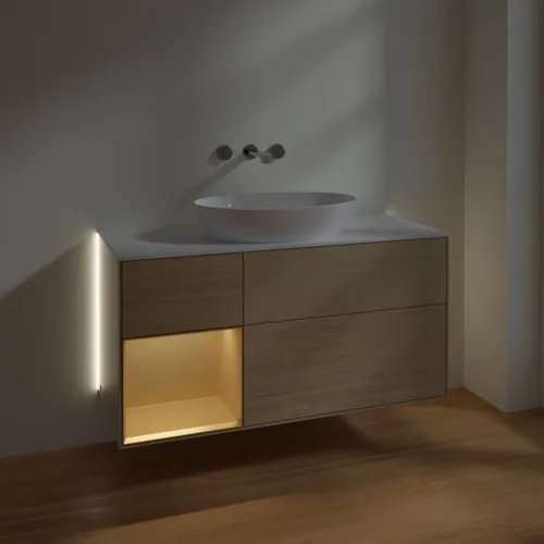 VILLEROY BOCH Finion Waschbeckenunterschrank, mit Beleuchtung, 3 Auszüge, 1200 x 603 x 501 mm, Oak Veneer / Gold Matt Lacquer / Glass White Matt #GA61HFPC, Bild 5