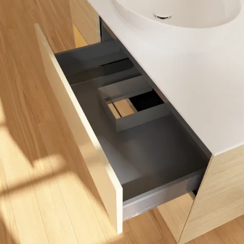 VILLEROY BOCH Finion Waschbeckenunterschrank, mit Beleuchtung, 3 Auszüge, 1200 x 603 x 501 mm, Oak Veneer / Gold Matt Lacquer / Glass White Matt #GA61HFPC, Bild 8