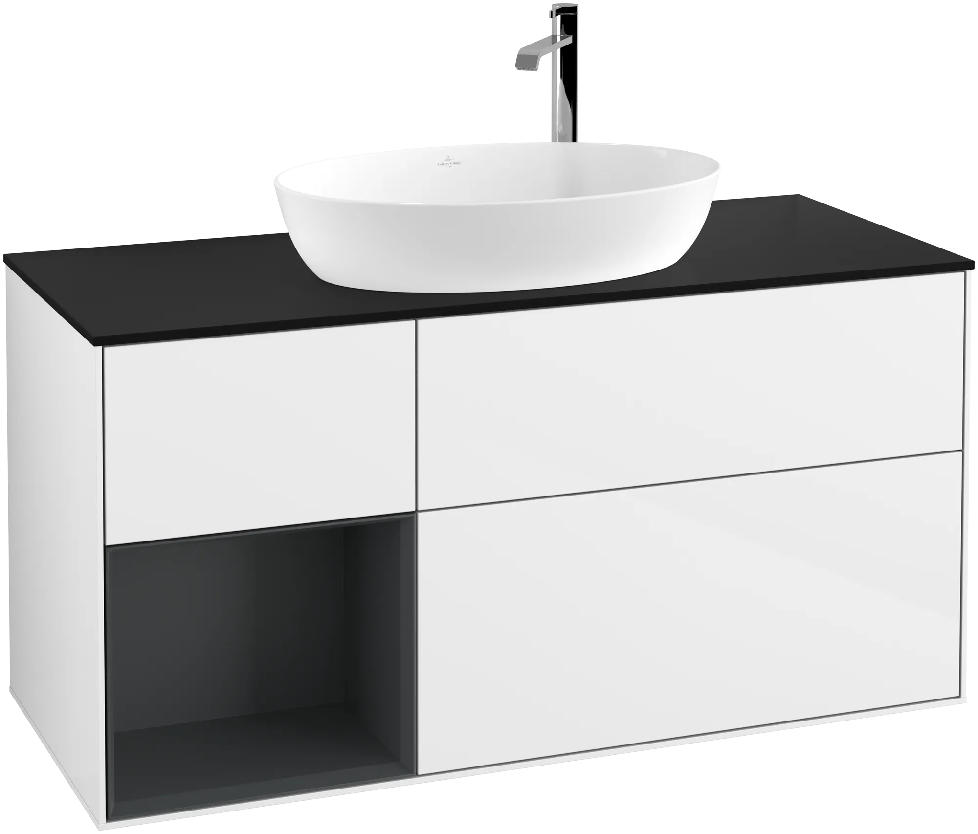 Obrázek VILLEROY BOCH Finion Vanity unit, with lighting, 3 pull-out compartments, 1200 x 603 x 501 mm, Glossy White Lacquer / Midnight Blue Matt Lacquer / Glass Black Matt #G942HGGF