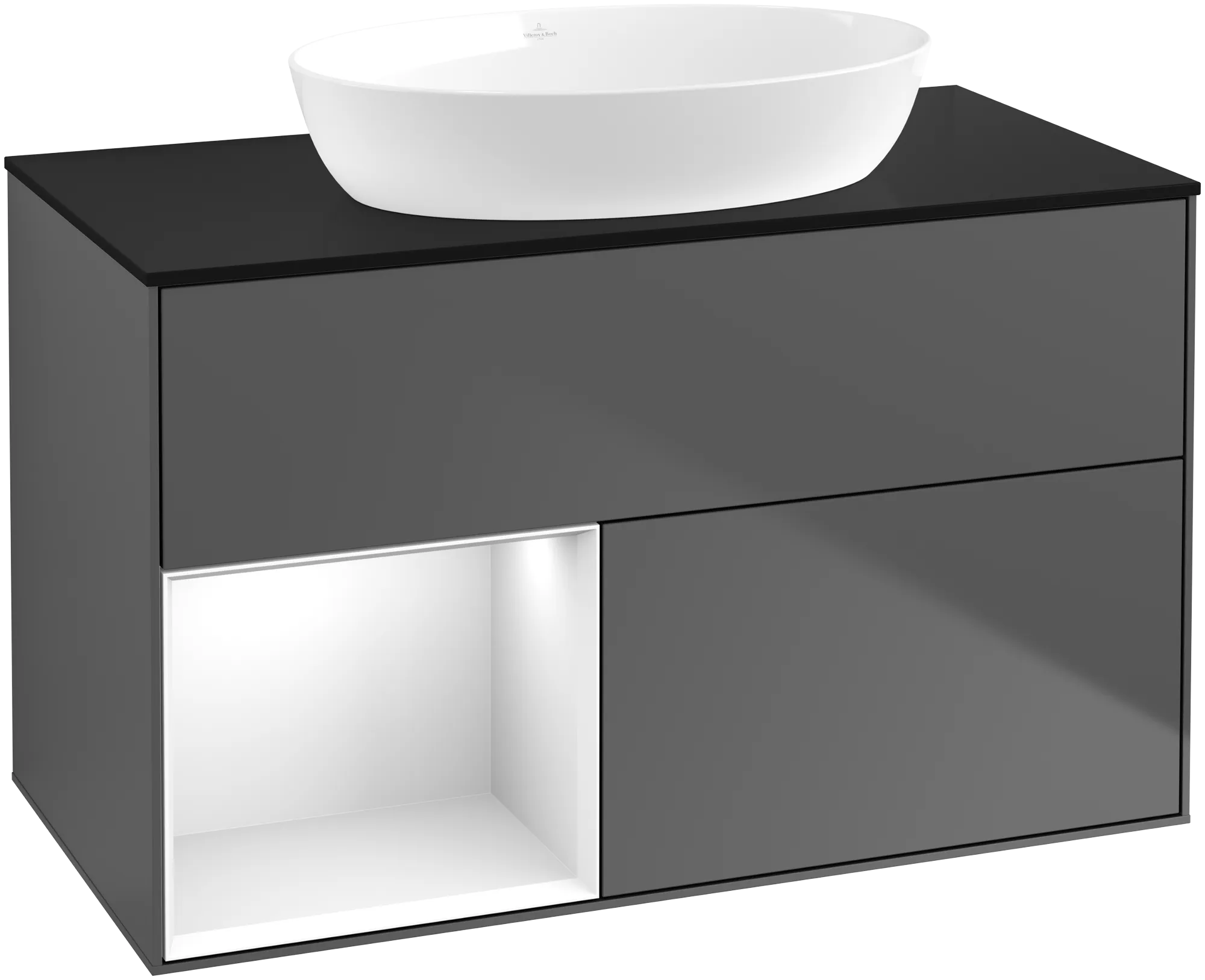 Obrázek VILLEROY BOCH Finion Vanity unit, with lighting, 2 pull-out compartments, 1000 x 603 x 501 mm, Anthracite Matt Lacquer / Glossy White Lacquer / Glass Black Matt #GA12GFGK
