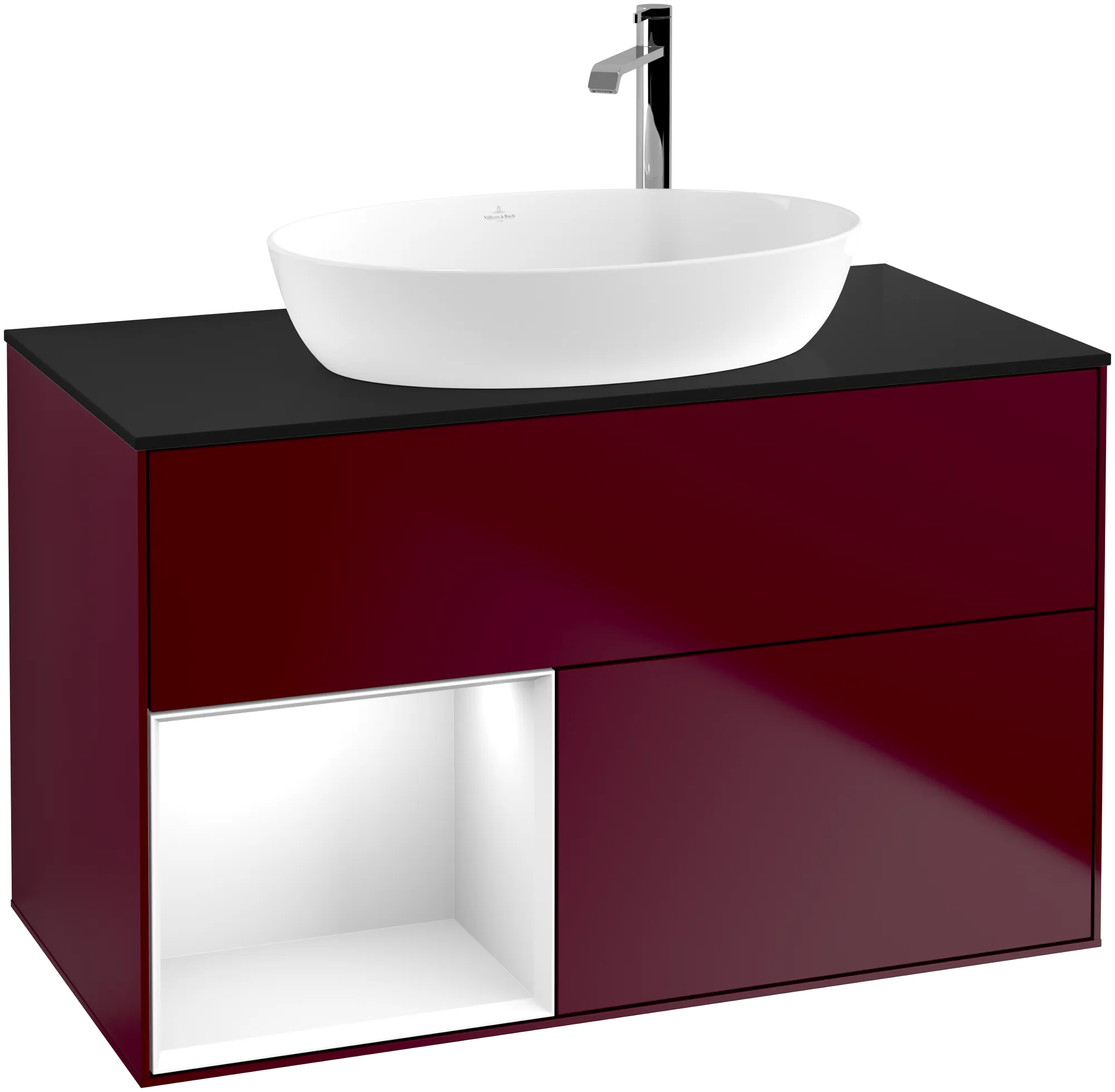 Picture of VILLEROY BOCH Finion Vanity unit, with lighting, 2 pull-out compartments, 1000 x 603 x 501 mm, Peony Matt Lacquer / Glossy White Lacquer / Glass Black Matt #G892GFHB