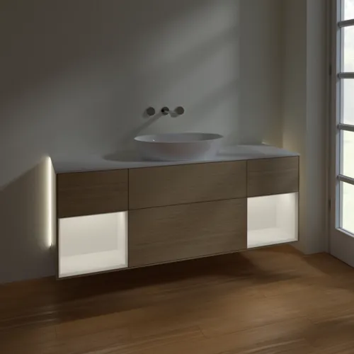 Bild von VILLEROY BOCH Finion Waschbeckenunterschrank, mit Beleuchtung, 4 Auszüge, 1600 x 603 x 501 mm, Oak Veneer / White Matt Lacquer / Glass White Matt #GD01MTPC