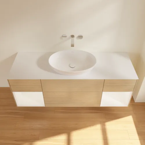 Bild von VILLEROY BOCH Finion Waschbeckenunterschrank, mit Beleuchtung, 4 Auszüge, 1600 x 603 x 501 mm, Oak Veneer / White Matt Lacquer / Glass White Matt #GD01MTPC