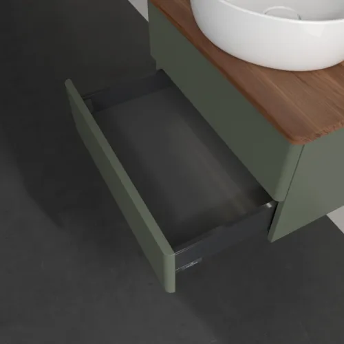 Bild von VILLEROY BOCH Antao Waschbeckenunterschrank, mit Beleuchtung, 2 Auszüge, 600 x 360 x 500 mm, Front ohne Struktur, Leaf Green Matt Lacquer / Warm Walnut #L18012HL
