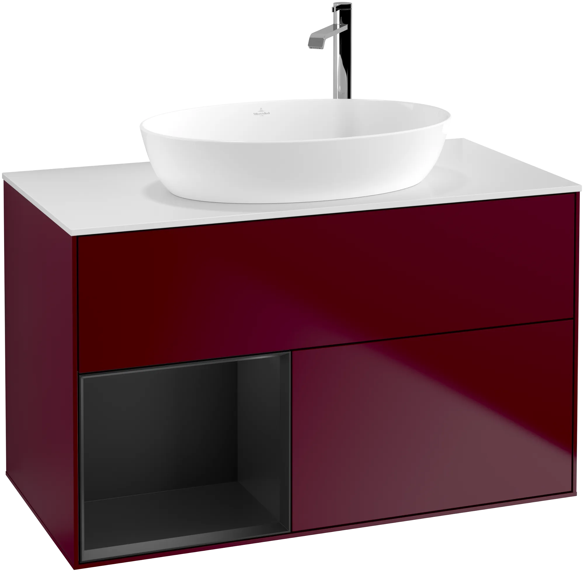 Picture of VILLEROY BOCH Finion Vanity unit, with lighting, 2 pull-out compartments, 1000 x 603 x 501 mm, Peony Matt Lacquer / Black Matt Lacquer / Glass White Matt #G891PDHB