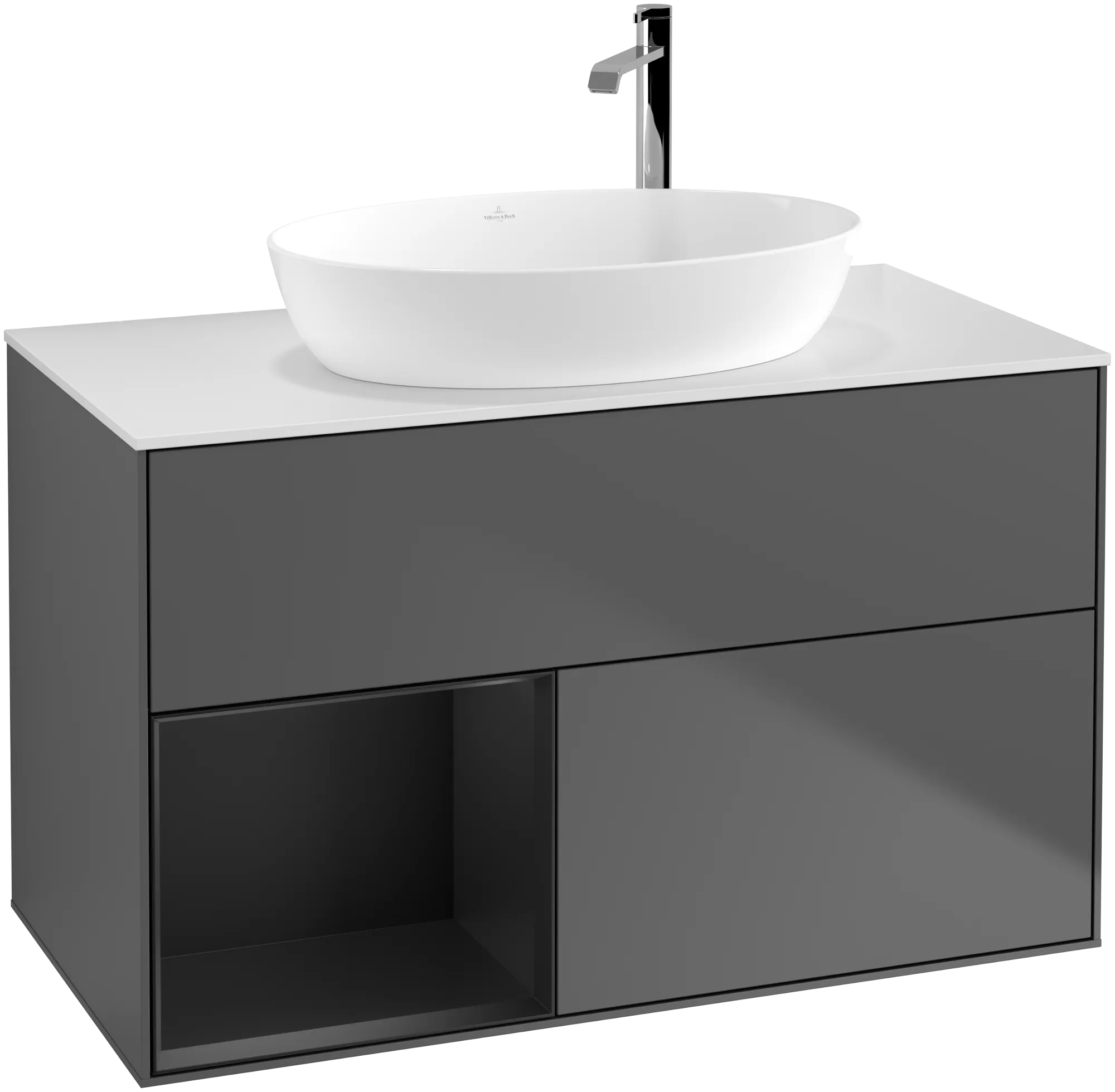 VILLEROY BOCH Finion Vanity unit, with lighting, 2 pull-out compartments, 1000 x 603 x 501 mm, Anthracite Matt Lacquer / Black Matt Lacquer / Glass White Matt #G891PDGK resmi