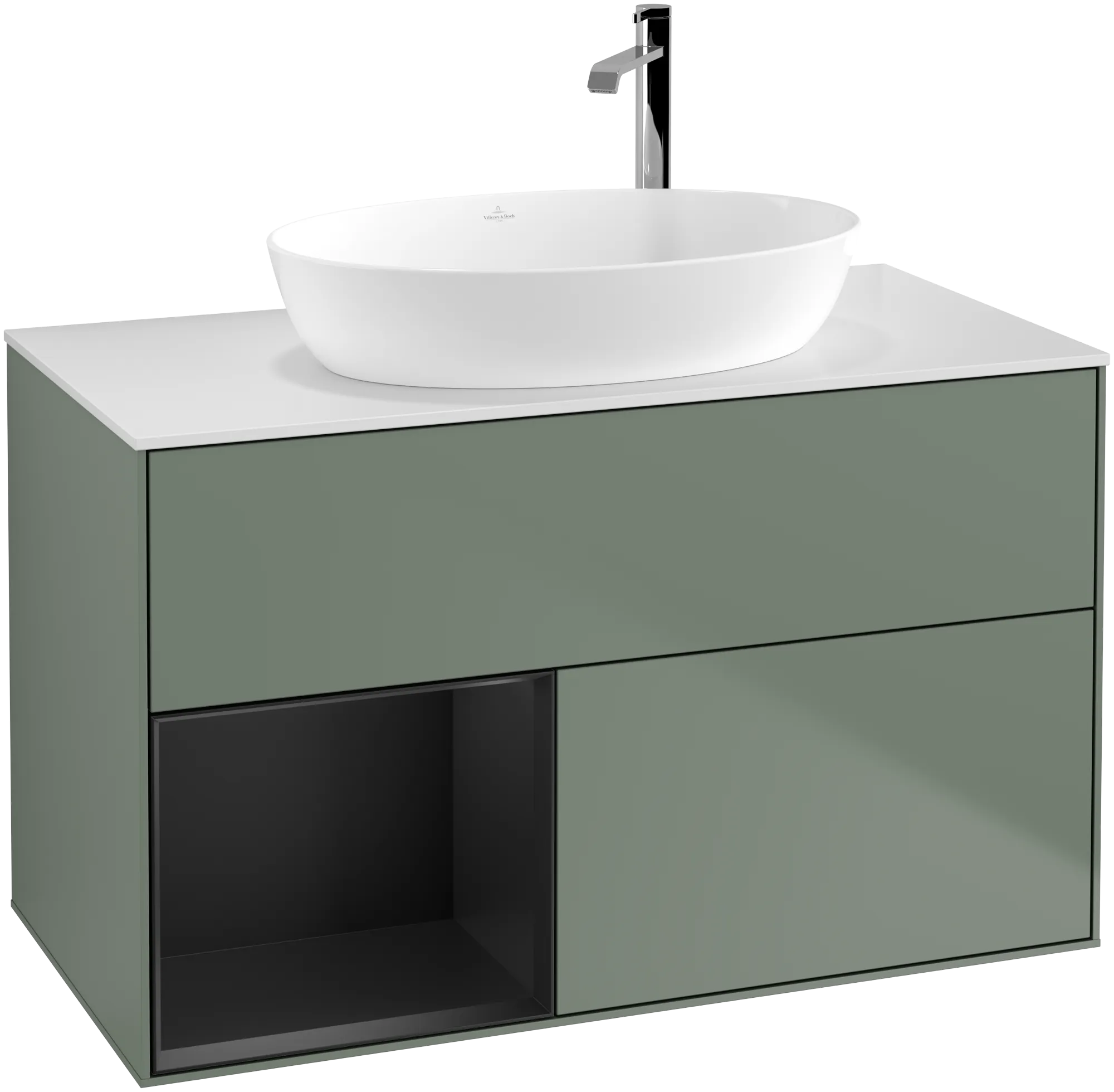 Picture of VILLEROY BOCH Finion Vanity unit, with lighting, 2 pull-out compartments, 1000 x 603 x 501 mm, Olive Matt Lacquer / Black Matt Lacquer / Glass White Matt #G891PDGM