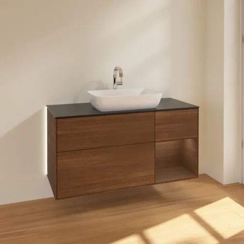 Bild von VILLEROY BOCH Finion Waschbeckenunterschrank, mit Beleuchtung, 3 Auszüge, 1200 x 603 x 501 mm, Walnut Veneer / Walnut Veneer / Glass Black Matt #G832GNGN