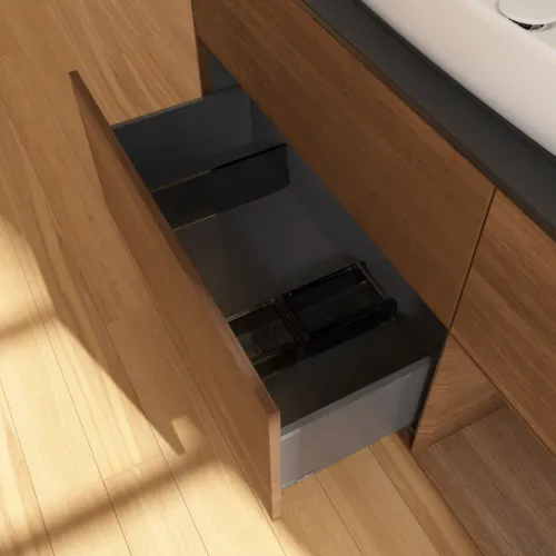 Bild von VILLEROY BOCH Finion Waschbeckenunterschrank, mit Beleuchtung, 3 Auszüge, 1200 x 603 x 501 mm, Walnut Veneer / Walnut Veneer / Glass Black Matt #G832GNGN