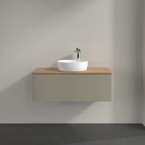 Picture of VILLEROY BOCH Antao Vanity unit, with lighting, 1 pull-out compartment, 1000 x 360 x 500 mm, Front without structure, Stone Grey Matt Lacquer / Honey Oak #L31051HK