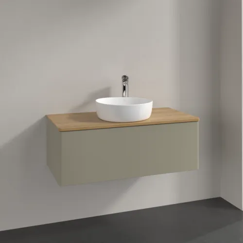 Picture of VILLEROY BOCH Antao Vanity unit, with lighting, 1 pull-out compartment, 1000 x 360 x 500 mm, Front without structure, Stone Grey Matt Lacquer / Honey Oak #L31051HK
