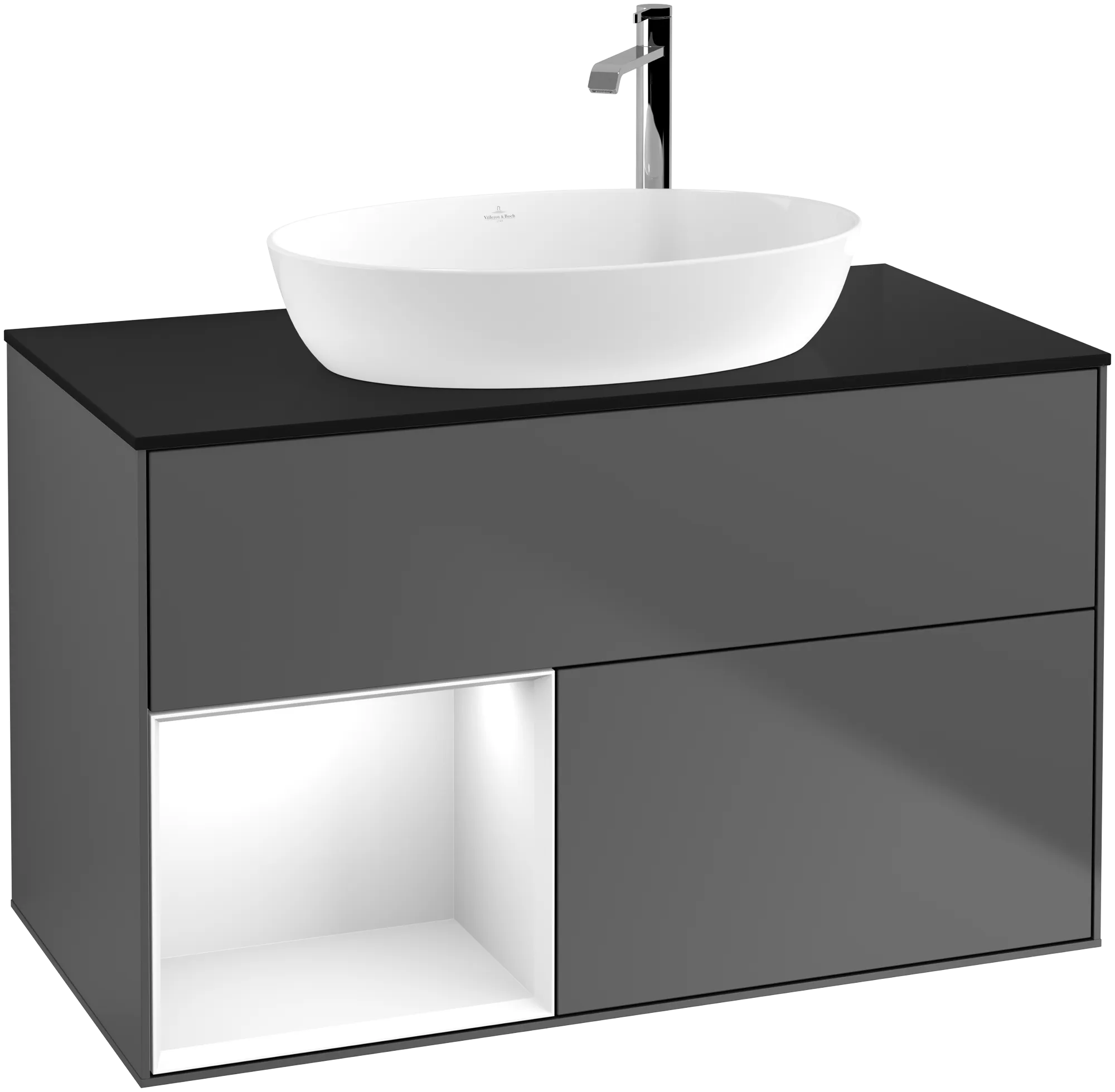 Зображення з  VILLEROY BOCH Finion Vanity unit, with lighting, 2 pull-out compartments, 1000 x 603 x 501 mm, Anthracite Matt Lacquer / Glossy White Lacquer / Glass Black Matt #G892GFGK