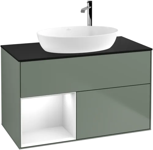 Зображення з  VILLEROY BOCH Finion Vanity unit, with lighting, 2 pull-out compartments, 1000 x 603 x 501 mm, Olive Matt Lacquer / Glossy White Lacquer / Glass Black Matt #G892GFGM