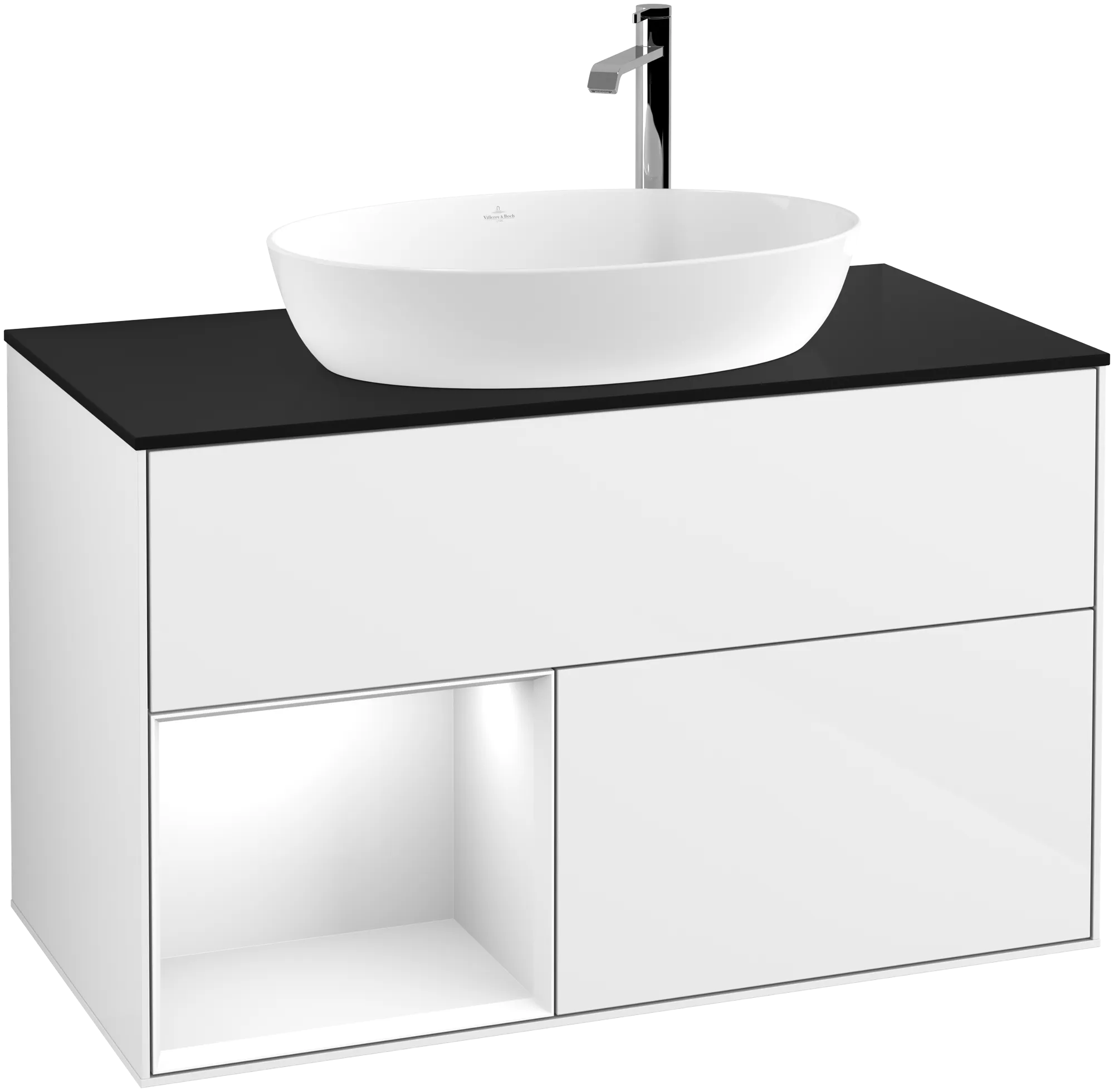 VILLEROY BOCH Finion Vanity unit, with lighting, 2 pull-out compartments, 1000 x 603 x 501 mm, Glossy White Lacquer / Glossy White Lacquer / Glass Black Matt #G892GFGF resmi