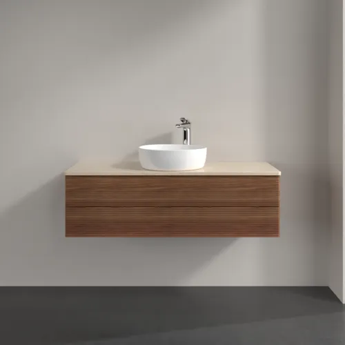 Bild von VILLEROY BOCH Antao Waschbeckenunterschrank, mit Beleuchtung, 2 Auszüge, 1200 x 360 x 500 mm, Front mit Struktur, Warm Walnut / Botticino #L21153HM