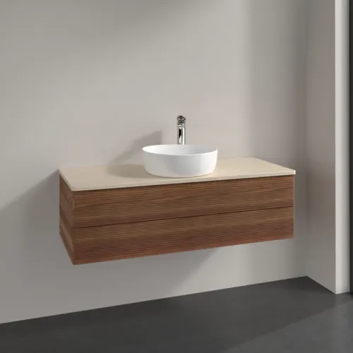 Bild von VILLEROY BOCH Antao Waschbeckenunterschrank, mit Beleuchtung, 2 Auszüge, 1200 x 360 x 500 mm, Front mit Struktur, Warm Walnut / Botticino #L21153HM