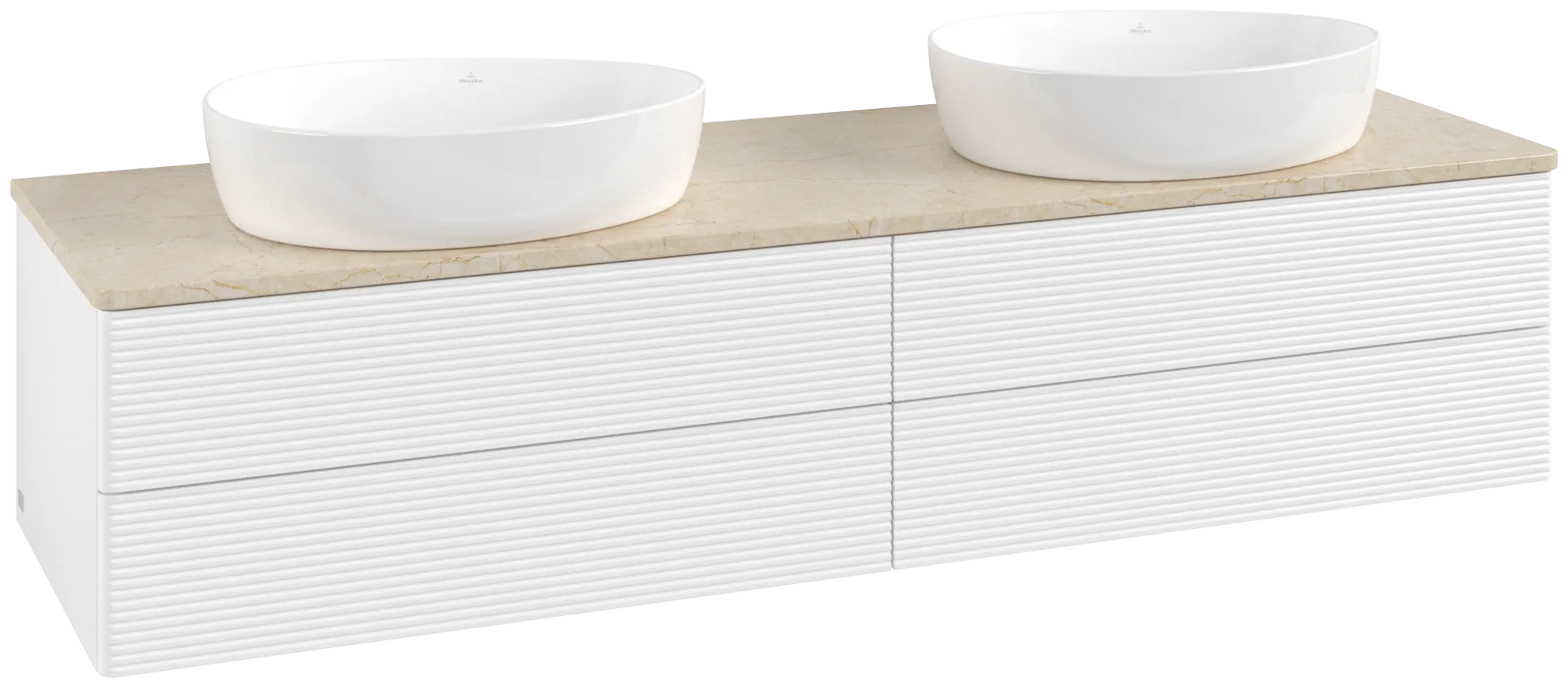 Зображення з  VILLEROY BOCH Antao Vanity unit, with lighting, 4 pull-out compartments, 1600 x 360 x 500 mm, Front with grain texture, White Matt Lacquer / Botticino #L28113MT