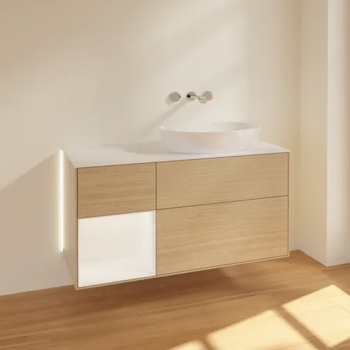 VILLEROY BOCH Finion Waschbeckenunterschrank, mit Beleuchtung, 3 Auszüge, 1200 x 603 x 501 mm, Oak Veneer / White Matt Lacquer / Glass White Matt #GA41MTPC, Bild 2