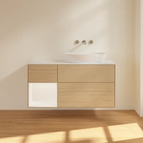 VILLEROY BOCH Finion Waschbeckenunterschrank, mit Beleuchtung, 3 Auszüge, 1200 x 603 x 501 mm, Oak Veneer / White Matt Lacquer / Glass White Matt #GA41MTPC, Bild 3