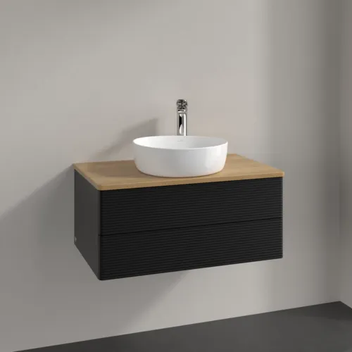 Bild von VILLEROY BOCH Antao Waschbeckenunterschrank, mit Beleuchtung, 2 Auszüge, 800 x 360 x 500 mm, Front mit Struktur, Black Matt Lacquer / Honey Oak #L19151PD